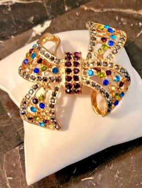 Bow Vintage Brooch  Gold Tone with Multicolor Rhinestones
